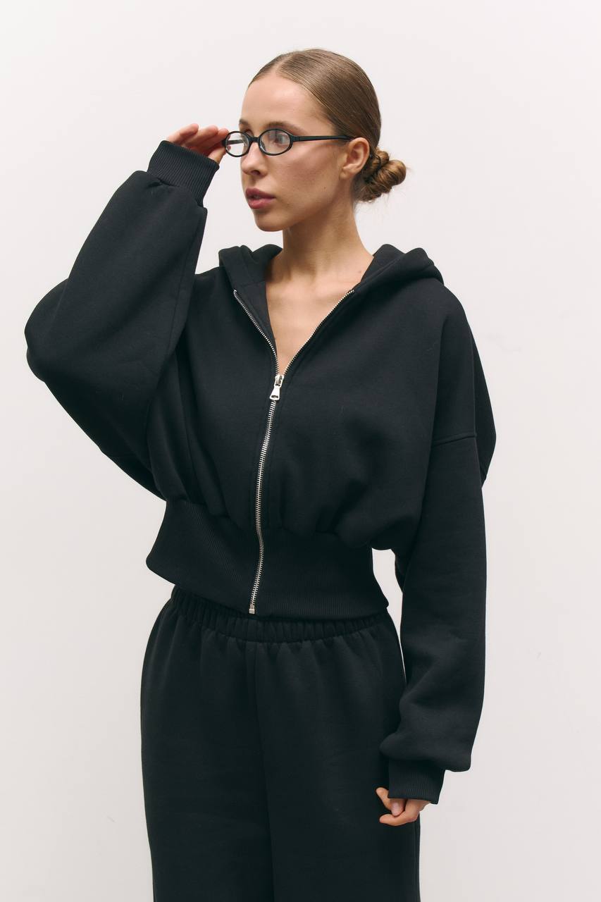 Зіп-худі з приталеною резинкою із утепленням чорний