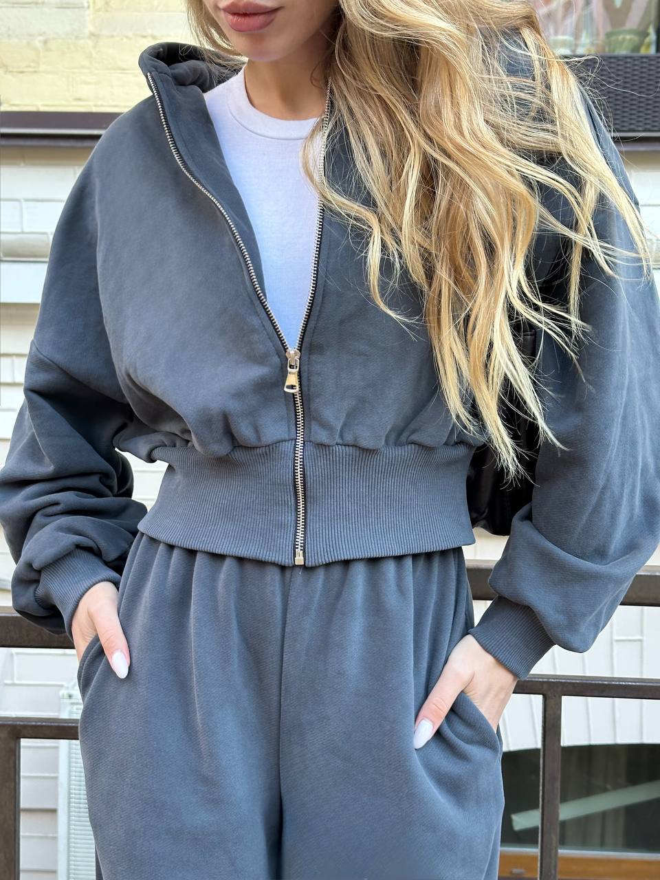 Зіп-худі з приталеною резинкою темно-синій