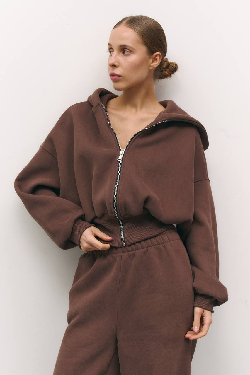 Зіп-худі з приталеною резинкою із утепленням шоколад
